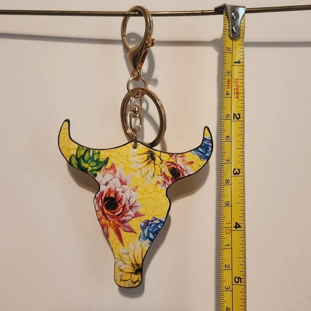 5” Yellow Faux Leather Floral Print Cow Bull Head Keychain